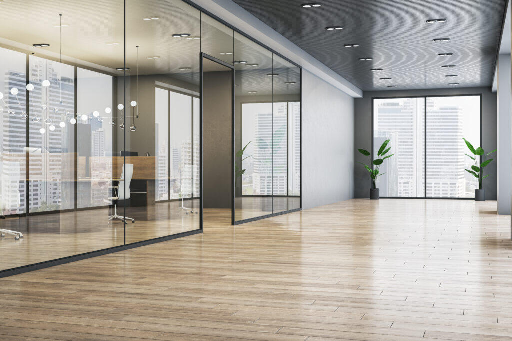 Image of glass partitions inside a modern office