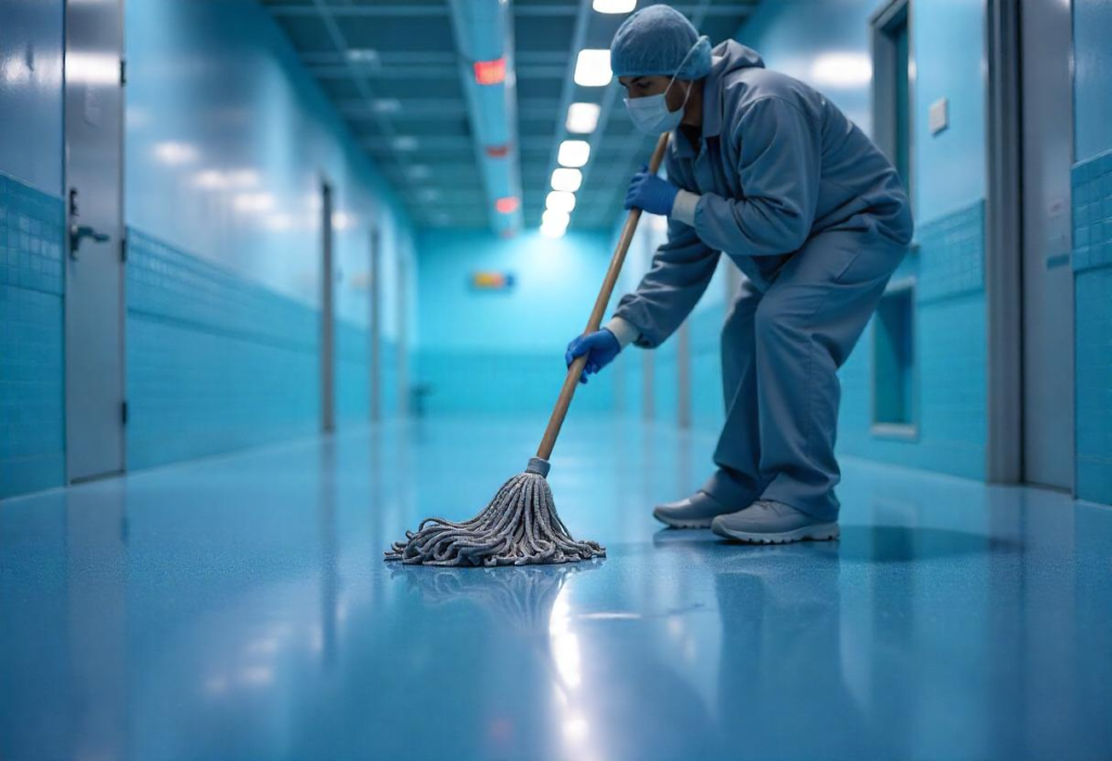 Photo of worker easily cleaning epoxy floor using mop