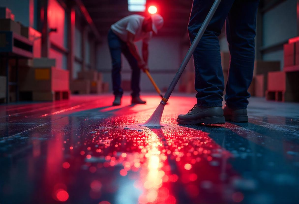 Photo of workers applying epoxy coating to a warehouse floor.