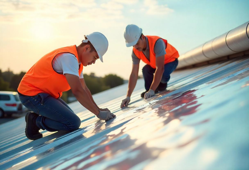 Photo of workers applying insulation material to the roof of a building.
