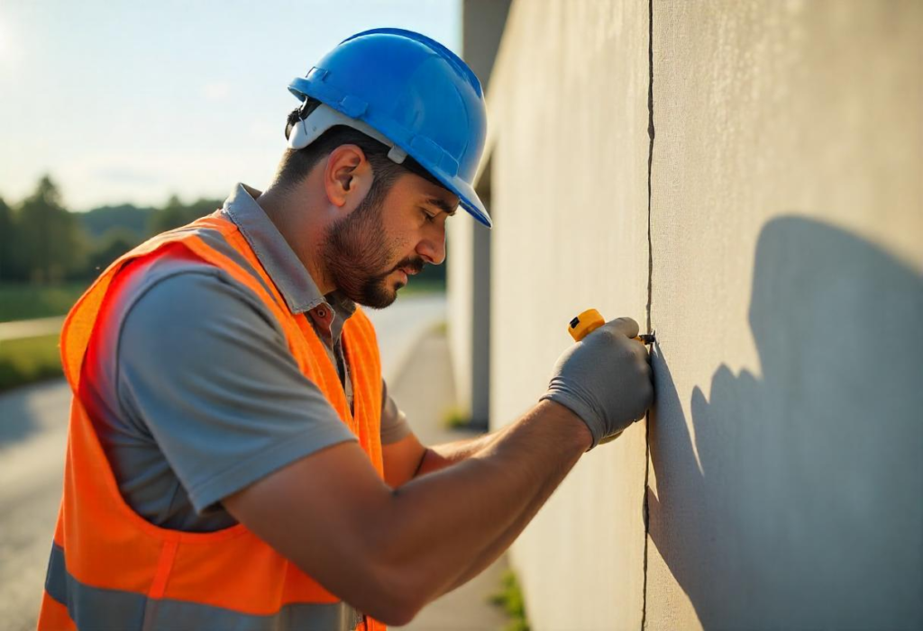 Photo of a worker injecting sealant into cracks in walls.