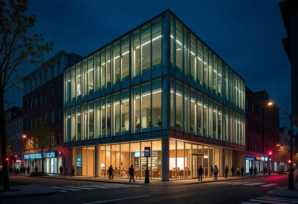 Image of a modern building with large glass facades with elegant aluminum frames.